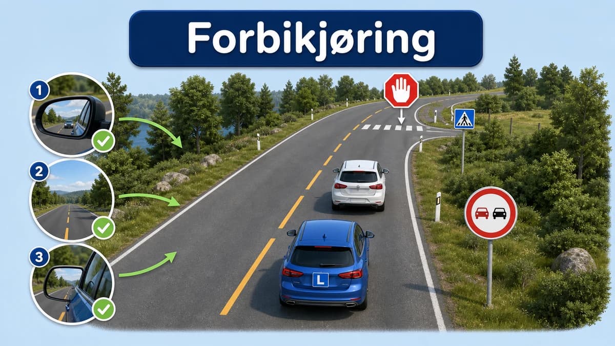 Blå elevbil venter bak en hvit bil mens føreren kontrollerer speil, fri veg framover og blindsone; skilt 334, kurve og gangfelt viser at forbikjøringen må utsettes