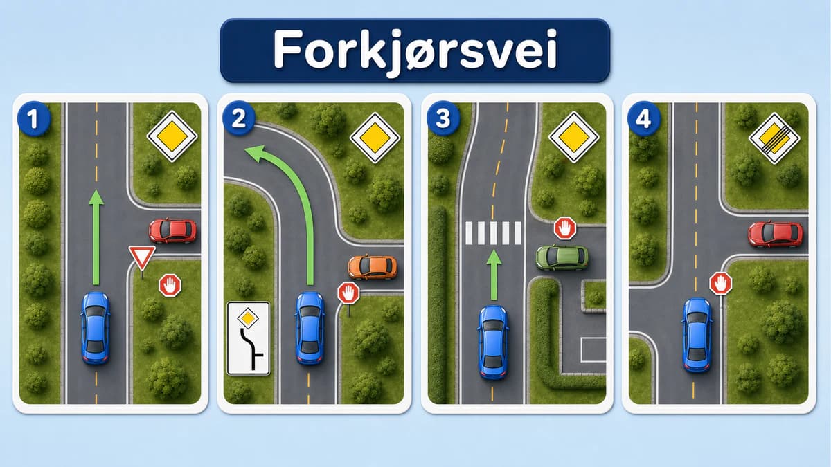 Fire situasjoner på forkjørsvei: sideveiens bil viker for bilen på forkjørsveien, en bil følger forkjørsveiens sving mens sideveien viker, en bil fra en utkjøring viker, og bilen som har passert skilt 208 viker for kjøretøyet fra høyre i neste uskiltede kryss