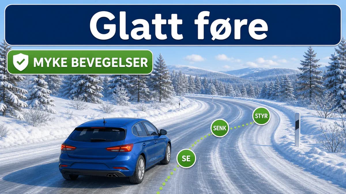 Blå bil kjører stabilt mot en vinterkurve mens punktene se, senk og styr viser trygg rekkefølge før svingen
