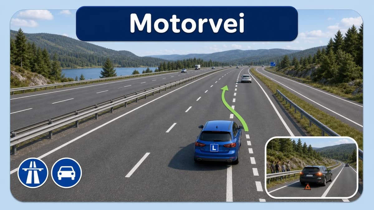 Blå elevbil tilpasser farten i et akselerasjonsfelt og kjører inn i en trygg luke på norsk motorvei; en sideillustrasjon viser passasjerer bak rekkverket ved havari