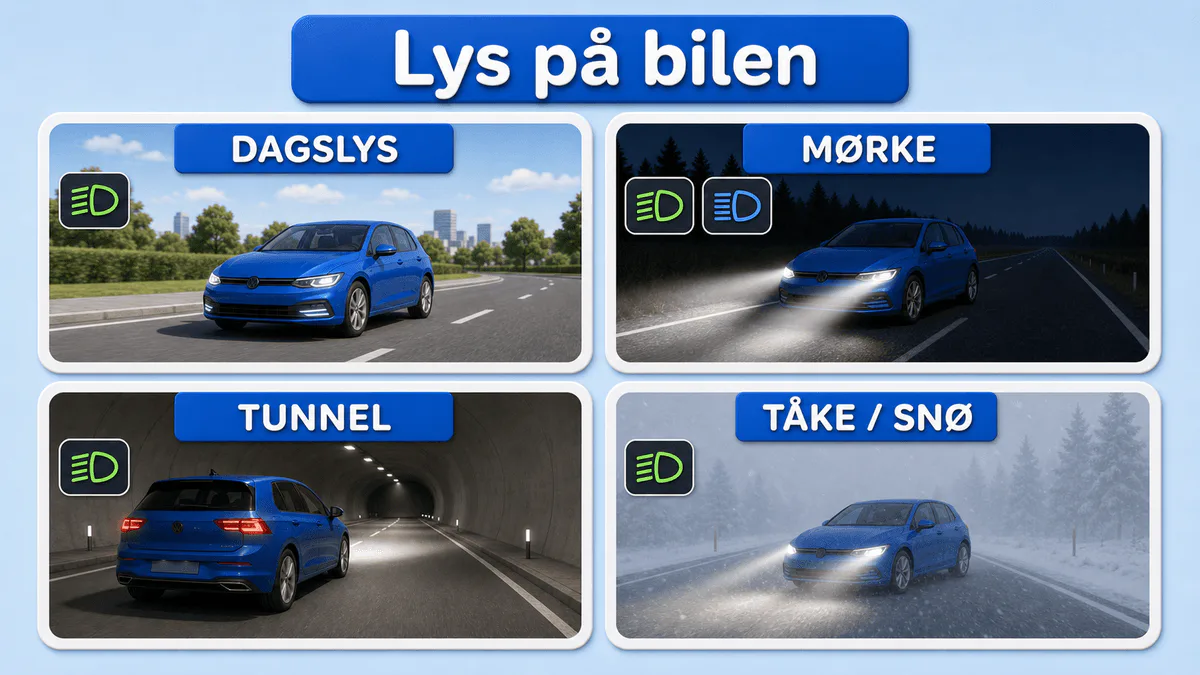 Fire kjøresituasjoner som viser en blå bil med kjørelys i dagslys, fjernlys på mørk vei, nærlys og røde baklys i tunnel samt kort lyskjegle i tåke og snø
