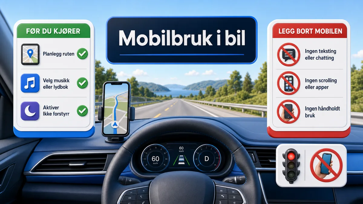 Bilførerens utsikt med mobil i fast holder, sjekkliste for innstillinger før start og forbud mot meldinger, scrolling og håndholdt bruk