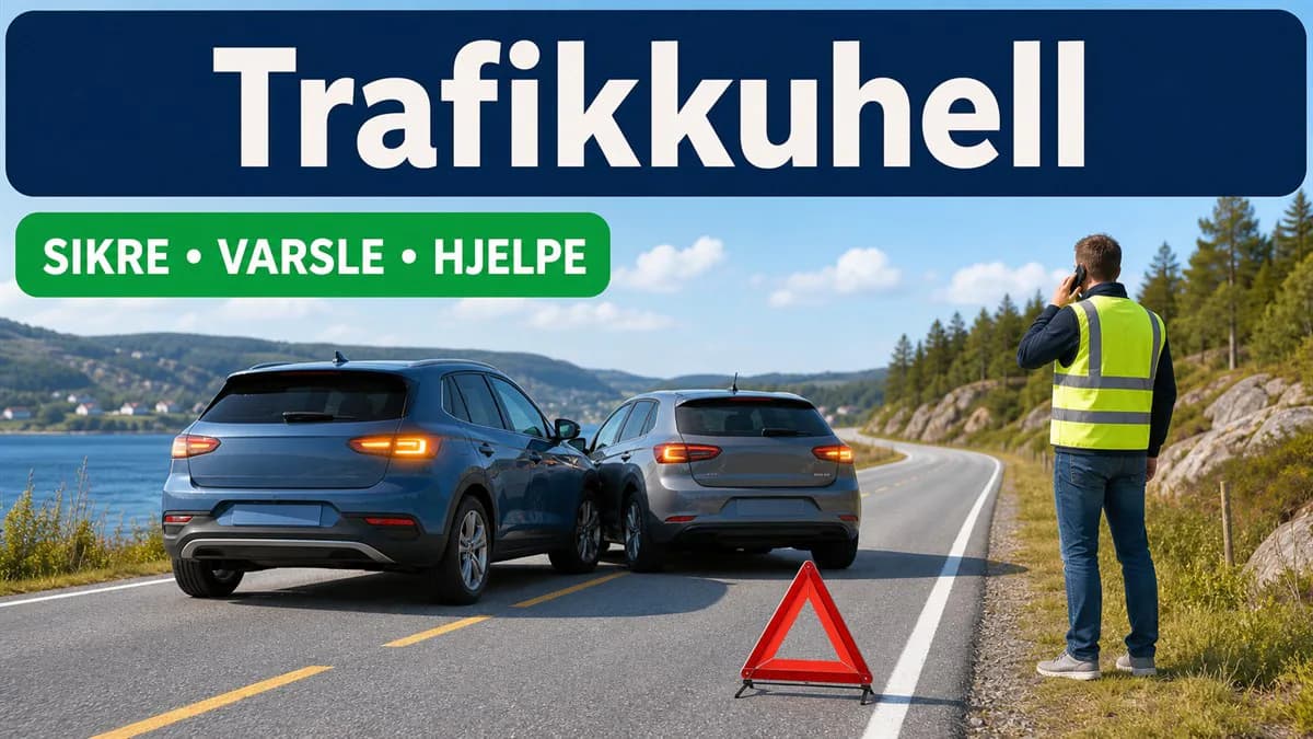 Varseltrekant står bak to kollisjonsskadde biler mens en person i refleksvest varsler fra trygg plass ved veikanten