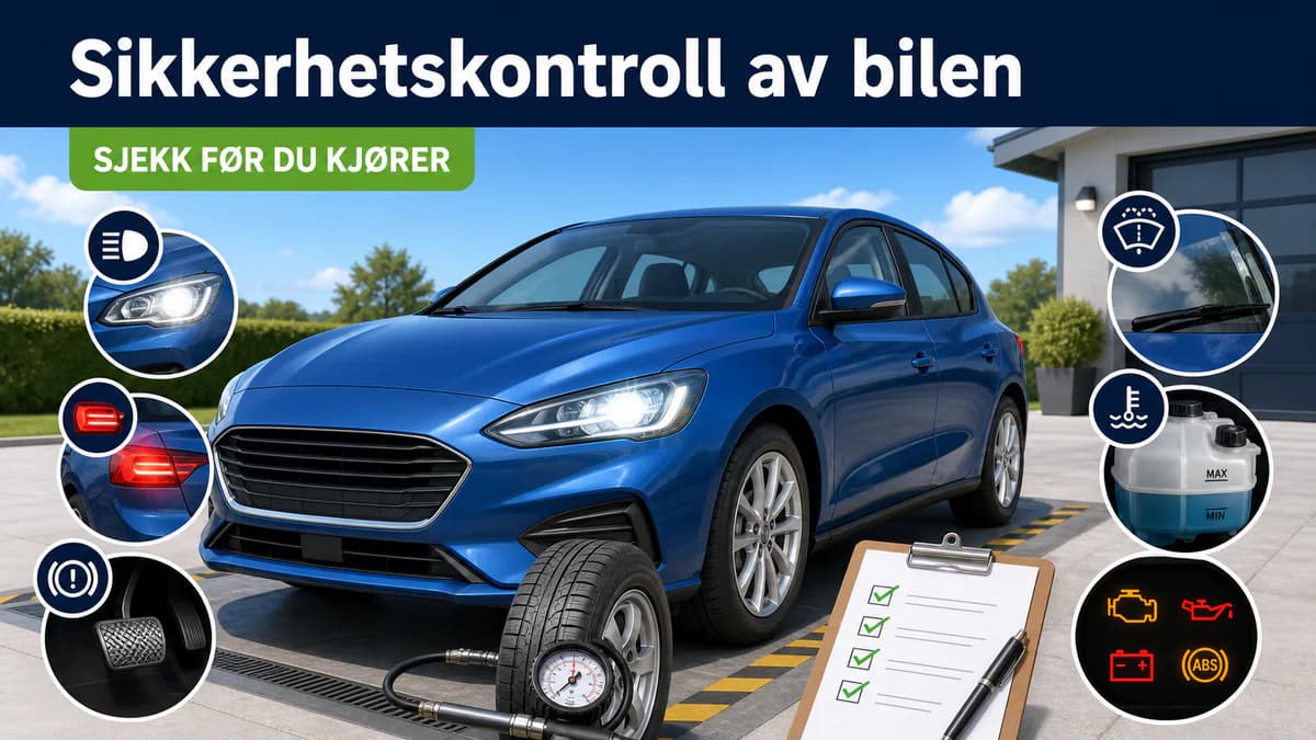 Blå bil med kontrollpunkter for dekktrykk, lys, bremser, kjølevæske, vindusviskere og varsellamper rundt en avkrysningsliste