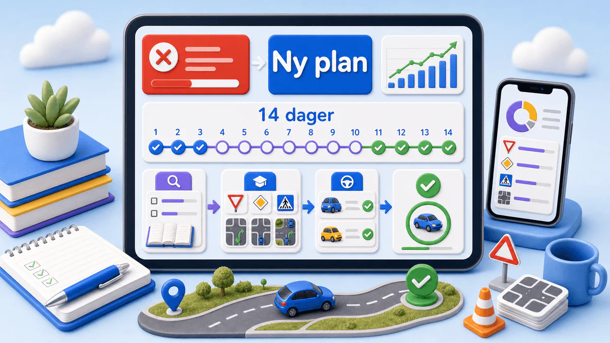 3D-illustrasjon av en 14-dagers plan fra stryk på teoriprøven til målrettet øving og ny prøve