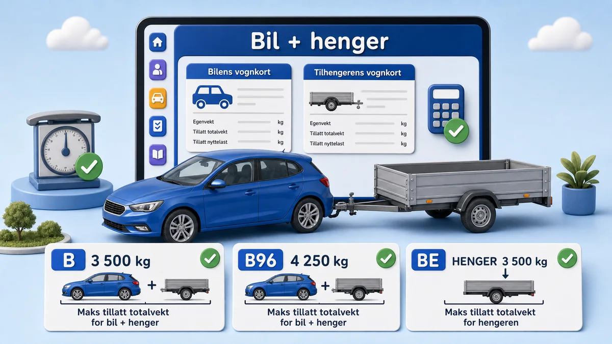 Blå bil med tilhenger foran begge vognkortene og en visuell sammenligning av vektgrensene for førerkortklasse B, B96 og BE