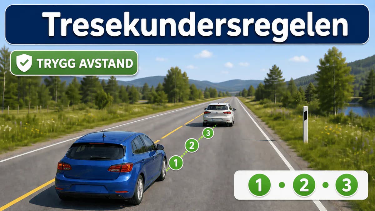 Blå bil følger en hvit bil med trygg avstand mens tre grønne tellepunkter viser tiden mellom bilene ved en fast vegkantstolpe