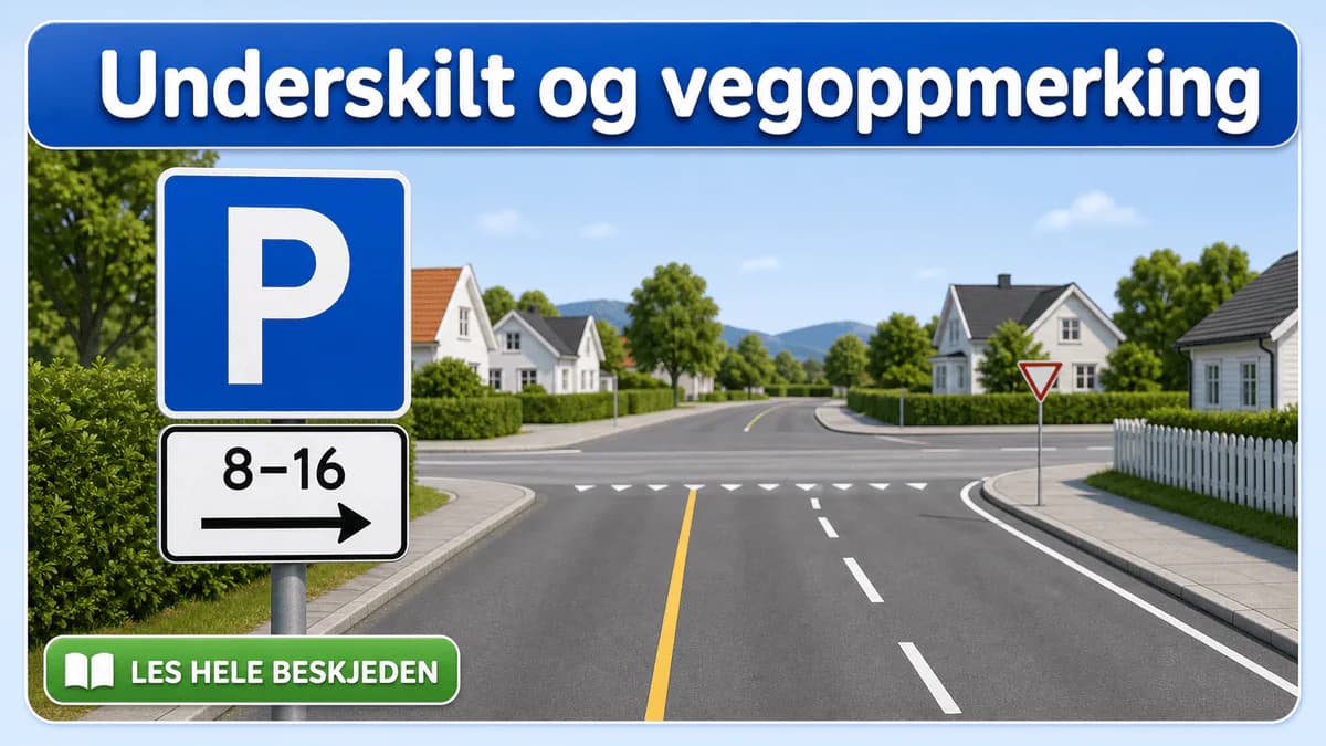 Parkeringsskilt med tidsunderskilt 8–16 og pil mot høyre ved en veg der gul linje skiller motgående trafikk og hvite linjer deler felt i samme retning