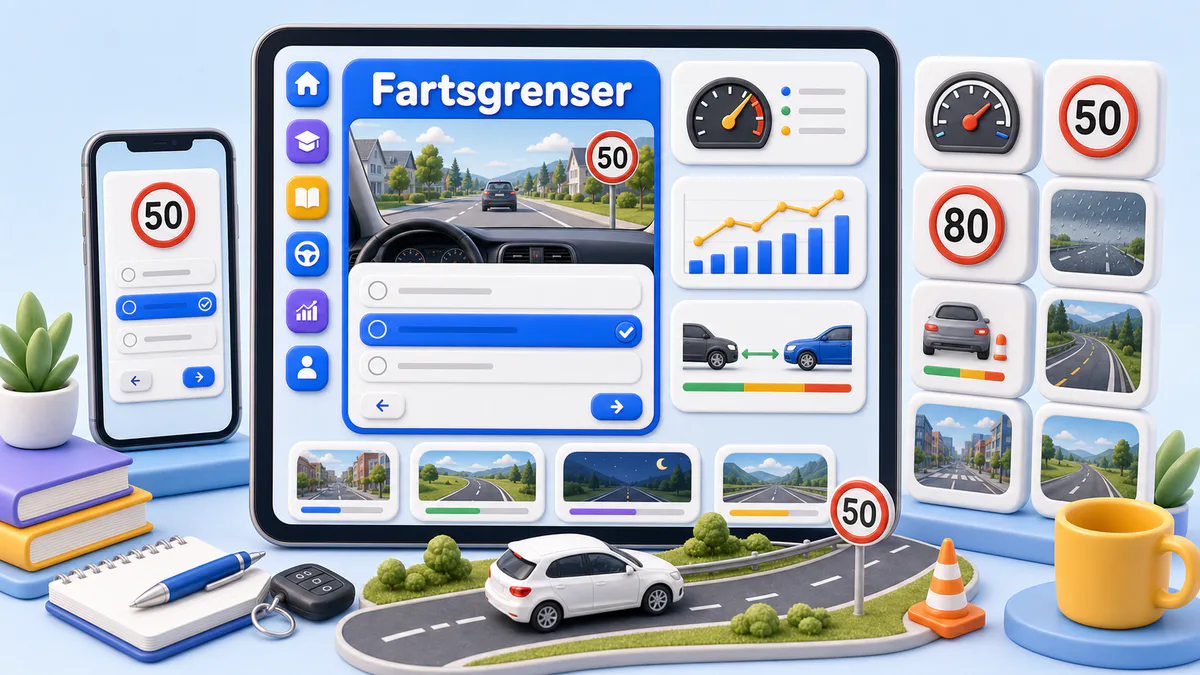 Fartsgrense 50 i tettbygd strøk med speedometer, trygg avstand og eksempler på regn, mørke og landevei
