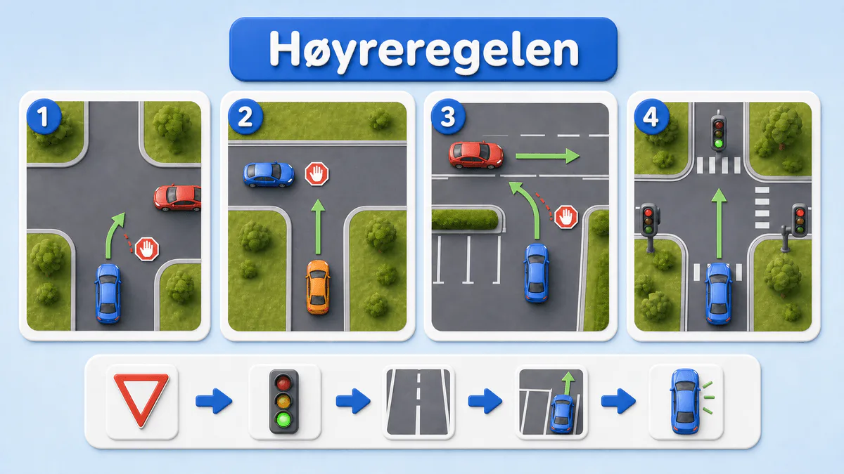 Fire trafikksituasjoner: blå bil viker for bil fra høyre i et uskiltet kryss og T-kryss, utkjørende bil viker for trafikken på veien, og grønt lys styrer før høyreregelen