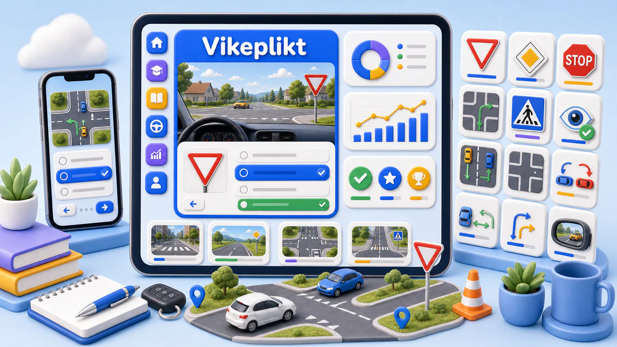 Vikepliktsoppgave med vikepliktskilt, kryss sett fra førerplassen og biler som må avklare kjørerekkefølgen
