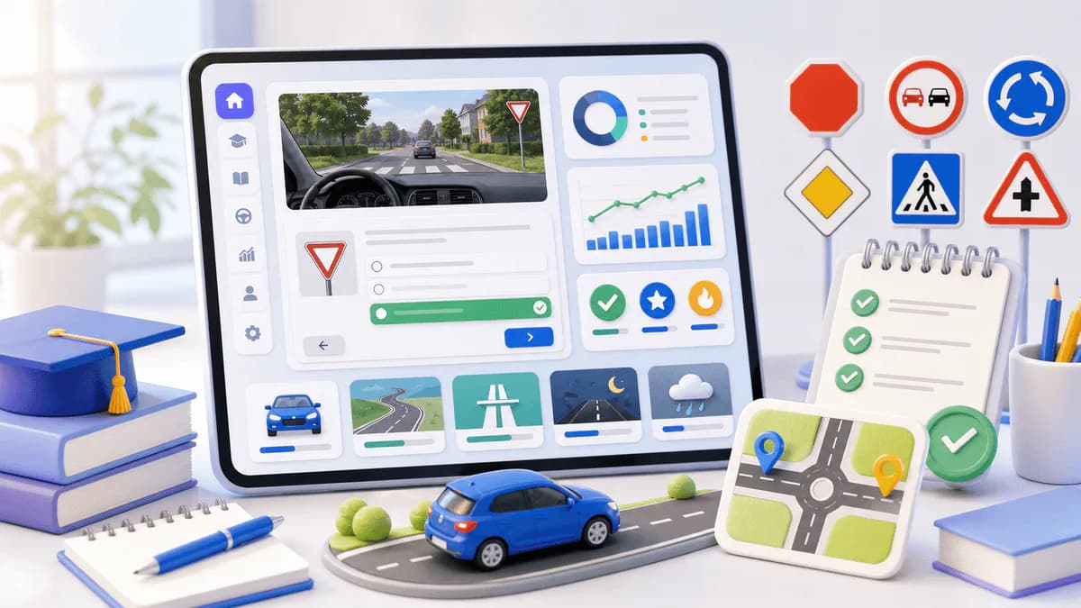Teoriøving på nettbrett med vikepliktsoppgave, progresjonsgraf, trafikkskilt og sjekkliste før teoriprøven