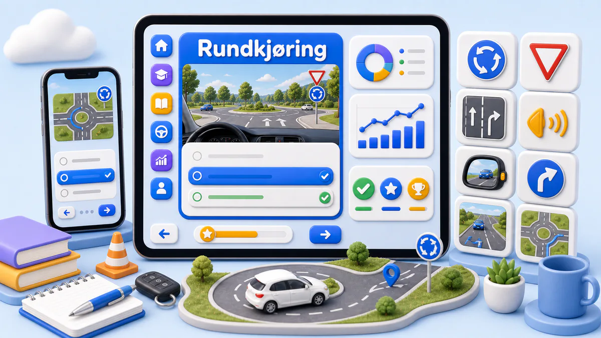 Rundkjøring sett fra førerplassen med vikepliktskilt, feltpiler, blinklys og kontroll av blindsonen