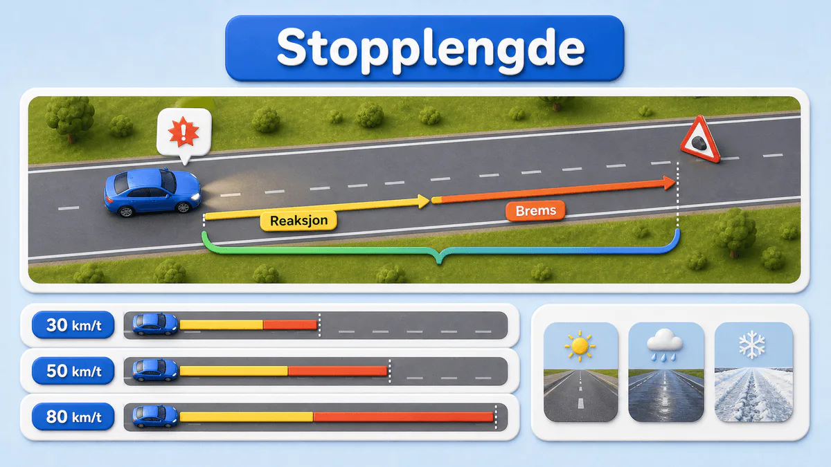 3D-diagram der en bil først tilbakelegger en gul reaksjonslengde og deretter en rød bremselengde, med sammenligning av samlet stopplengde ved 30, 50 og 80 km/t