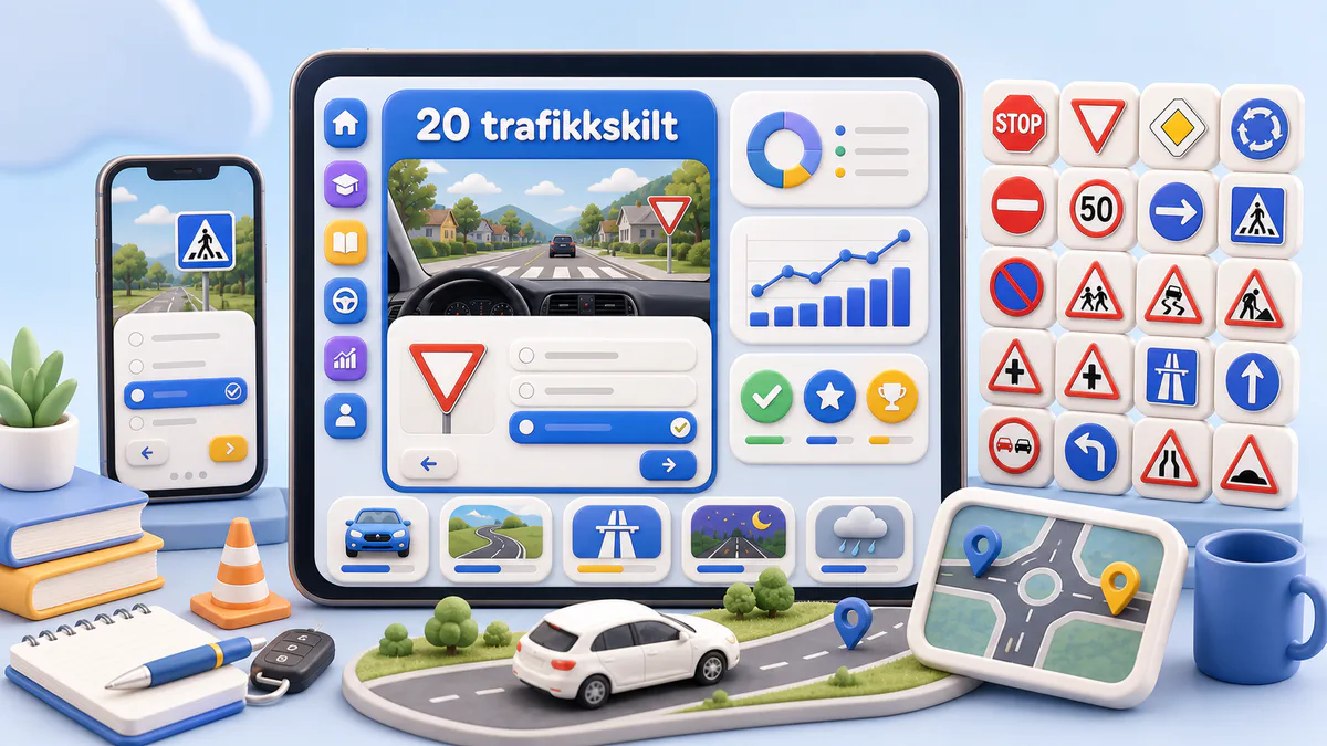 Oversikt over 20 norske trafikkskilt med vikeplikt, stopp, fartsgrense, forbud, fare og påbud ved en vei