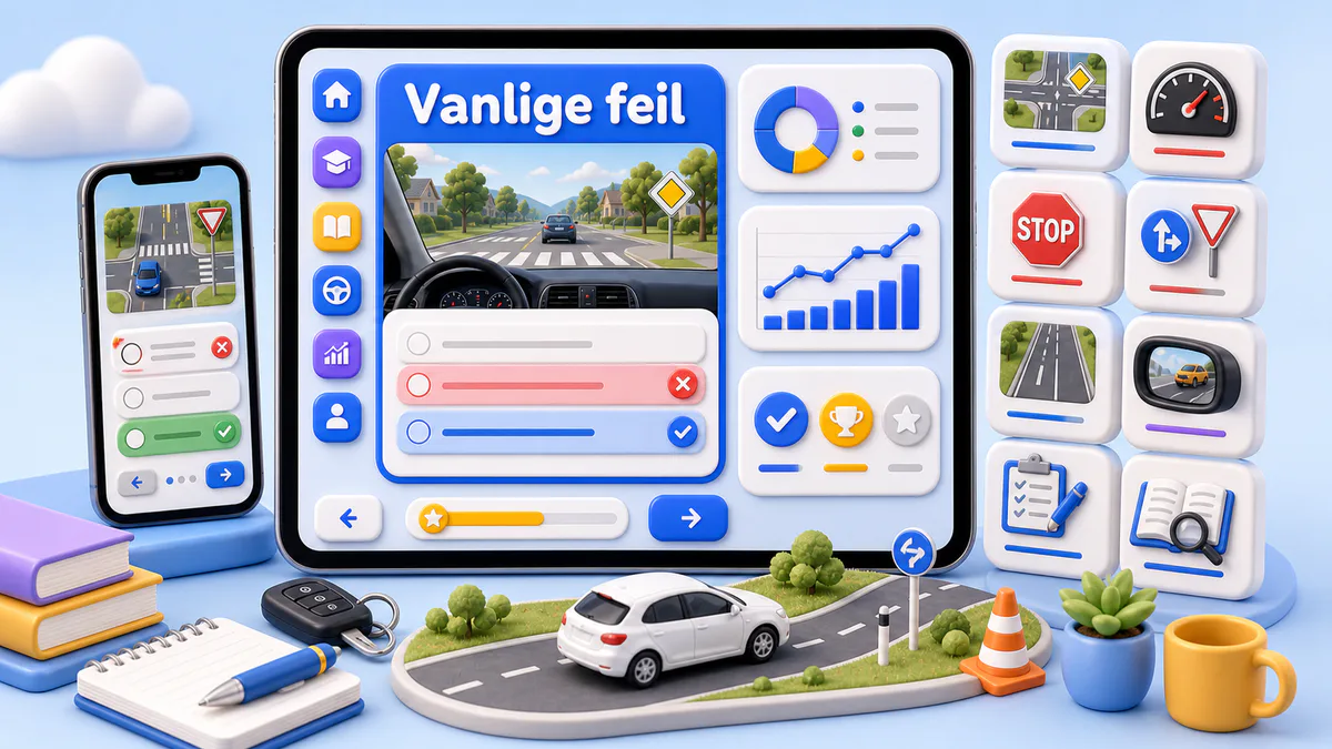 Teorioppgave med feil svar i en trafikksituasjon, omgitt av vikeplikt, fart, blindsonesjekk og notater